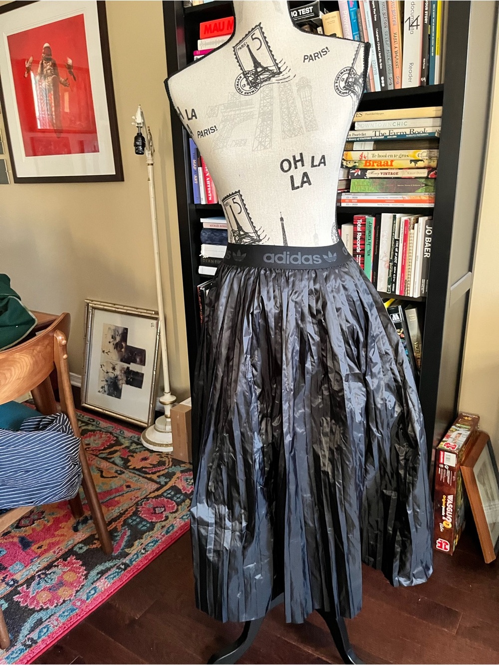 adidas Black Shiny Pleated Midi Skirt with Logo Waistband XS